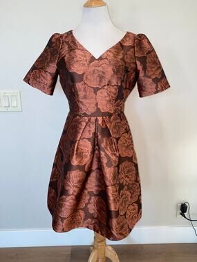 Gal Meets Glam Ingrid Rust Rose Floral Jacquard Fit/Flare Mini Dress S/S Size 6